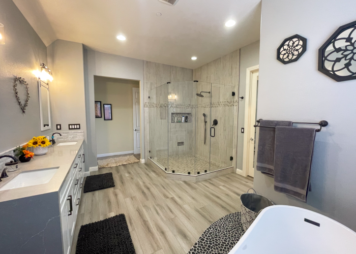image of bathroom after having been remodeled, modern and affordable.